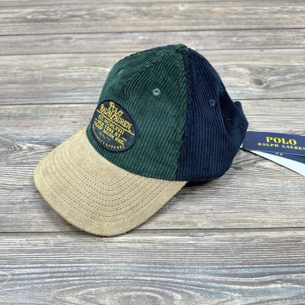 Polo Ralph Lauren Suede-Bill Corduroy‎ Ball Cap College Green/Aviator Navy NEW